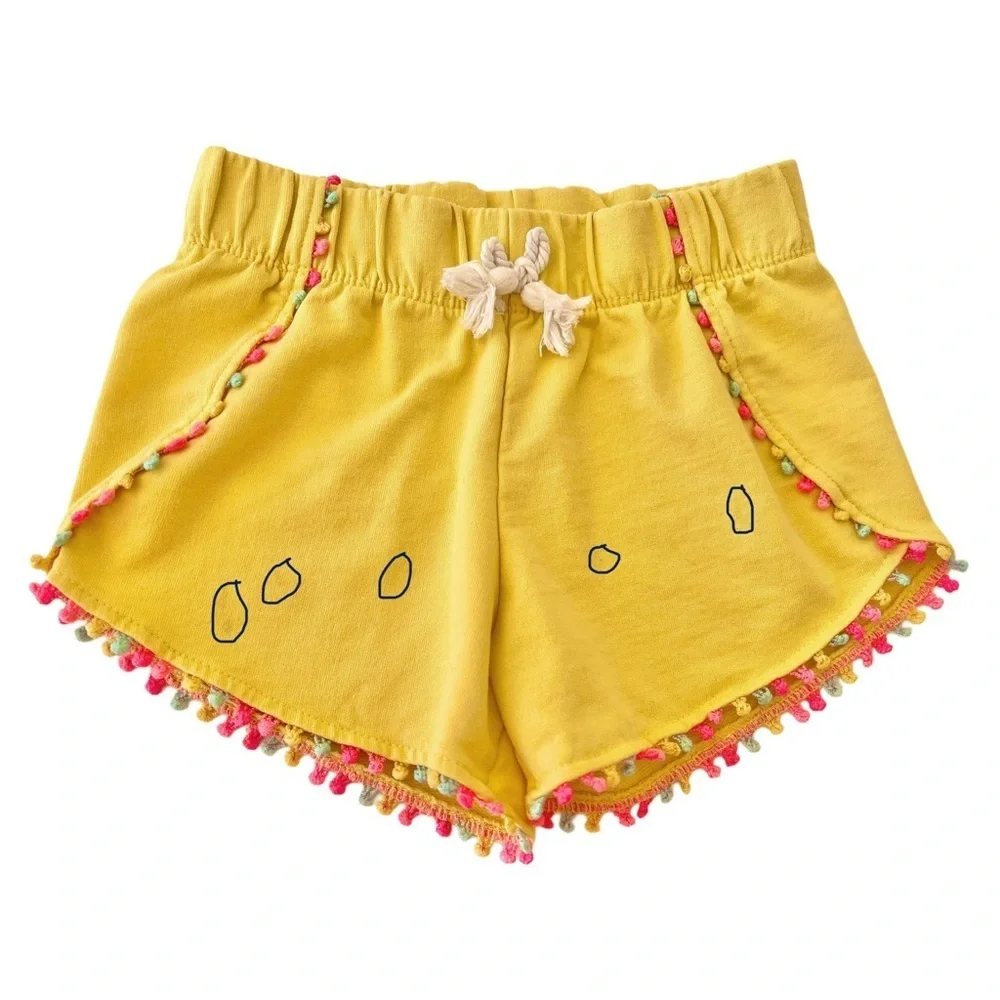 Girls Pom Trim Elastic Waist Shorts Bundle - Bright Yellow & Aqua Blue | S (5/6)